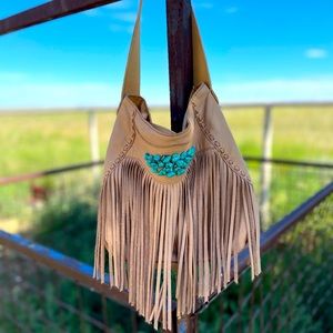 Lucky Brand Leather Fringe Turquoise Shoulder Bag Purse